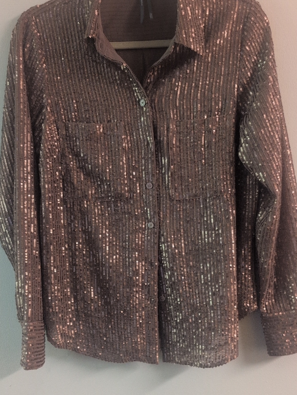 Anthropologic Metallic Sequin Button-Down Shirt Jacket - Brownth